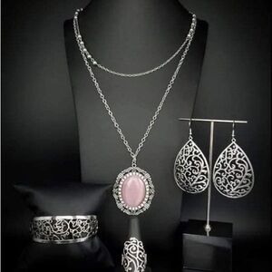 Intricate Silver and Pink Necklace Set